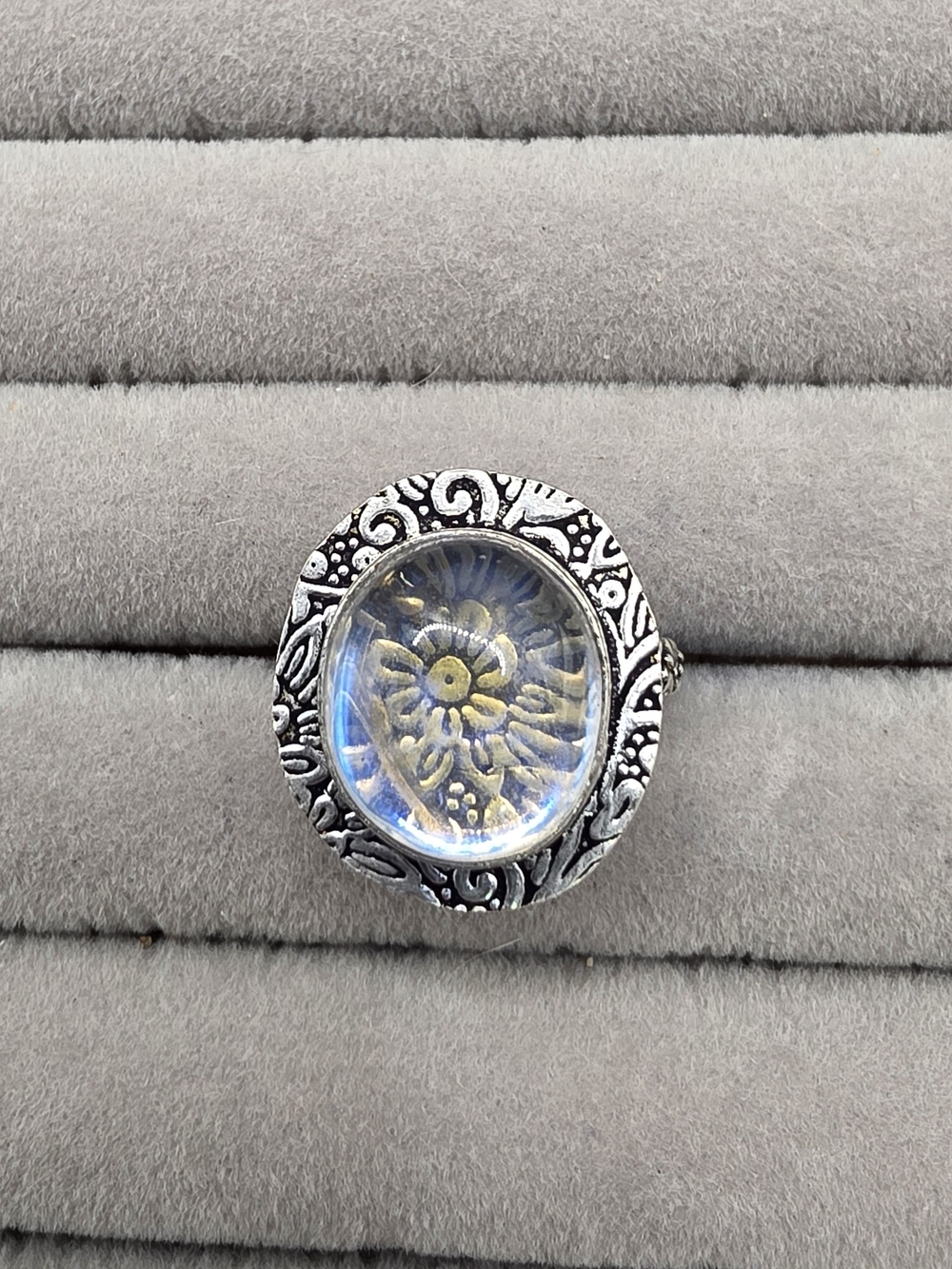 Silver Plated Opalite Ring Size 8 1/4- Clear/Yellow Accent